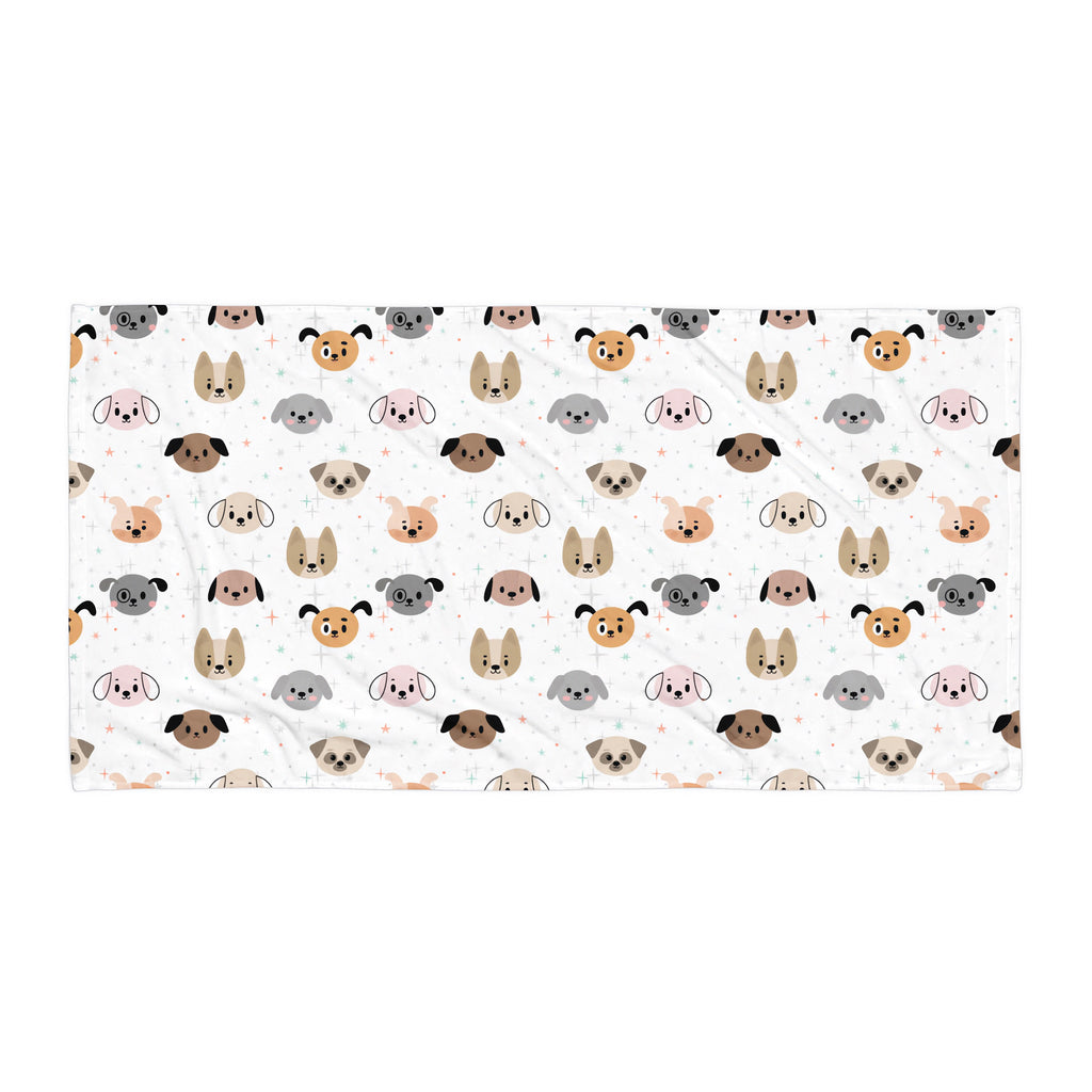 White beach towel featuring colorful cartoon dog faces in various breeds designed for kids use