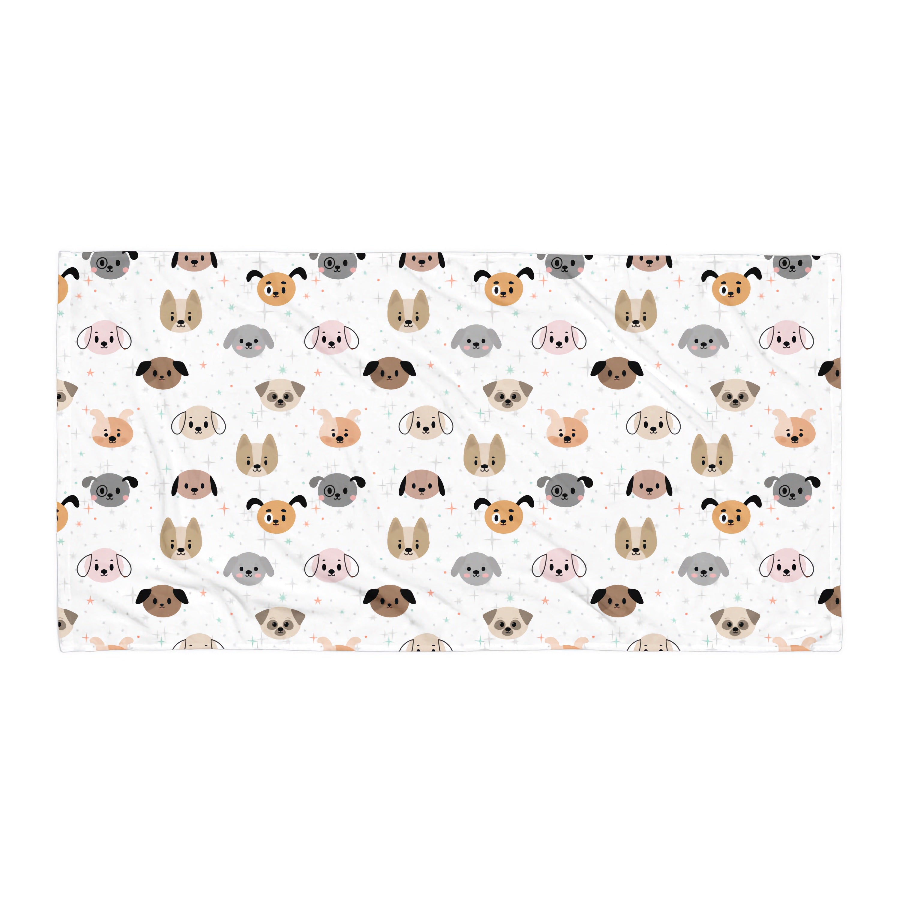 White beach towel featuring colorful cartoon dog faces in various breeds designed for kids use