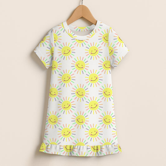 Girls Smiling Suns Short Sleeve Ruffle Hem Dress
