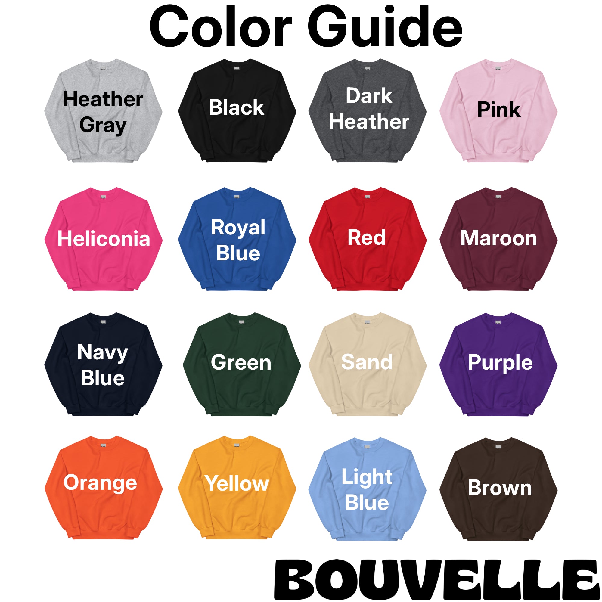Color guide with various sweatshirt colors and Bouvelle branding.