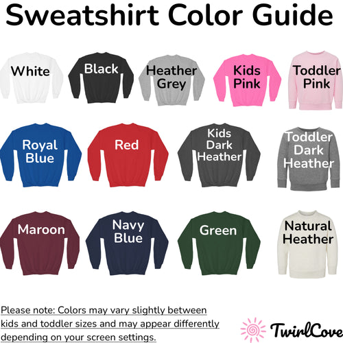 A collection of girls custom name rainbow heart sweatshirts in various colors including white black and pink