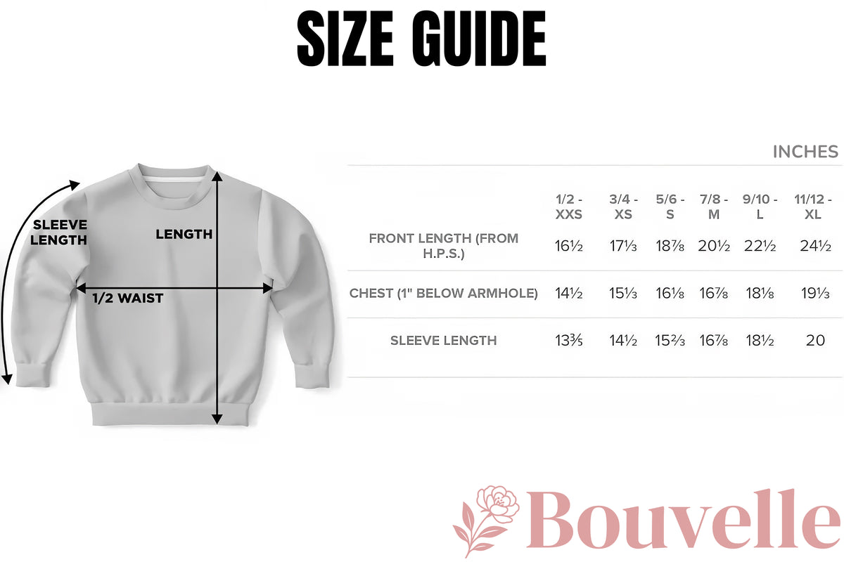 Size guide for Girls Space Unicorn Sweatshirt – Cozy Cotton Fleece or Lightweight Sports Fabric