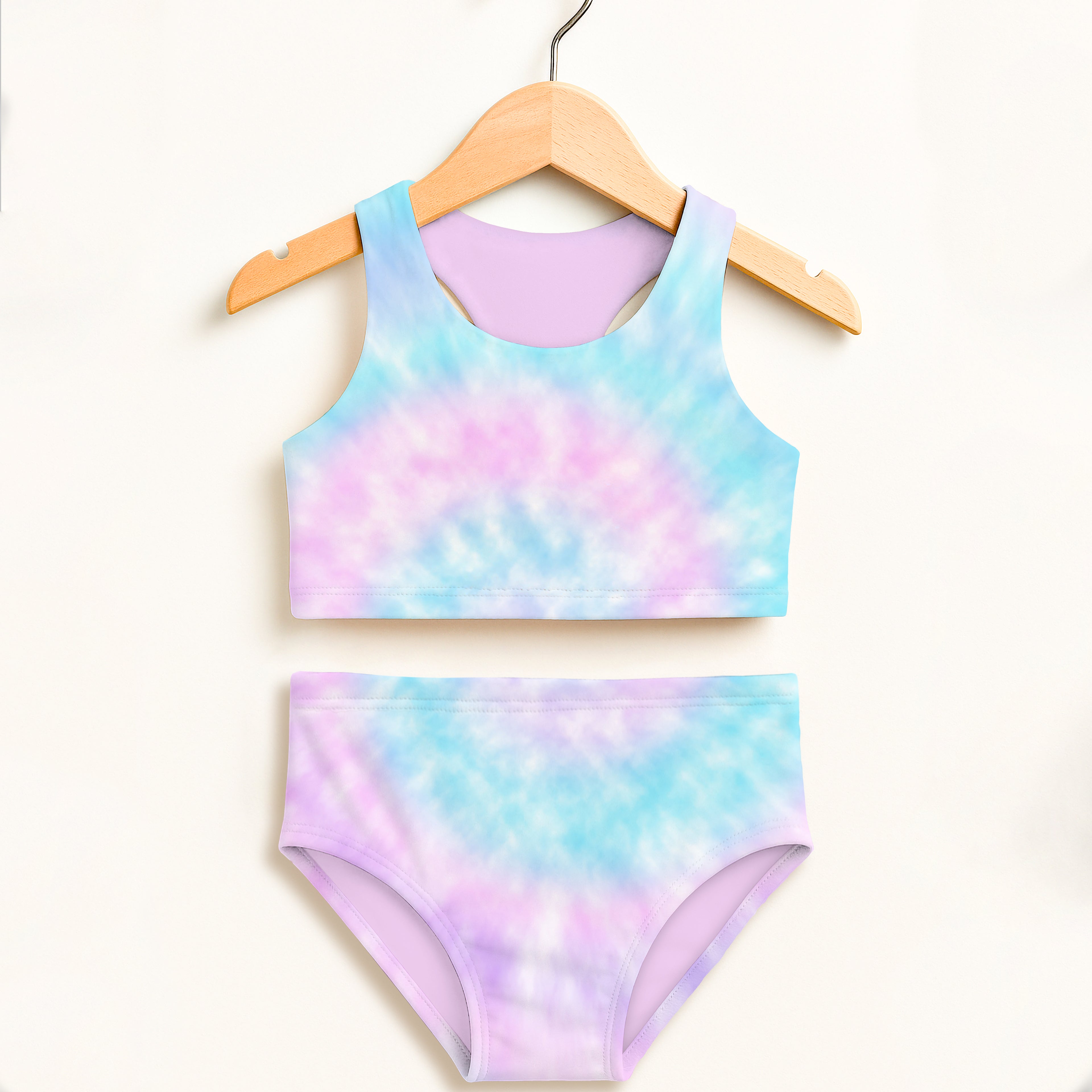 Girls faux tie dye two piece swimsuit with pastel lavender and blue swirls double layered fabric and upf 50+ protection
