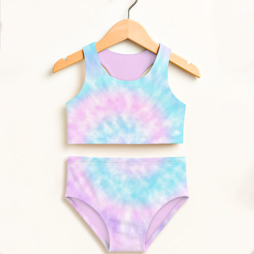 Girls faux tie dye two piece swimsuit with pastel lavender and blue swirls double layered fabric and upf 50+ protection