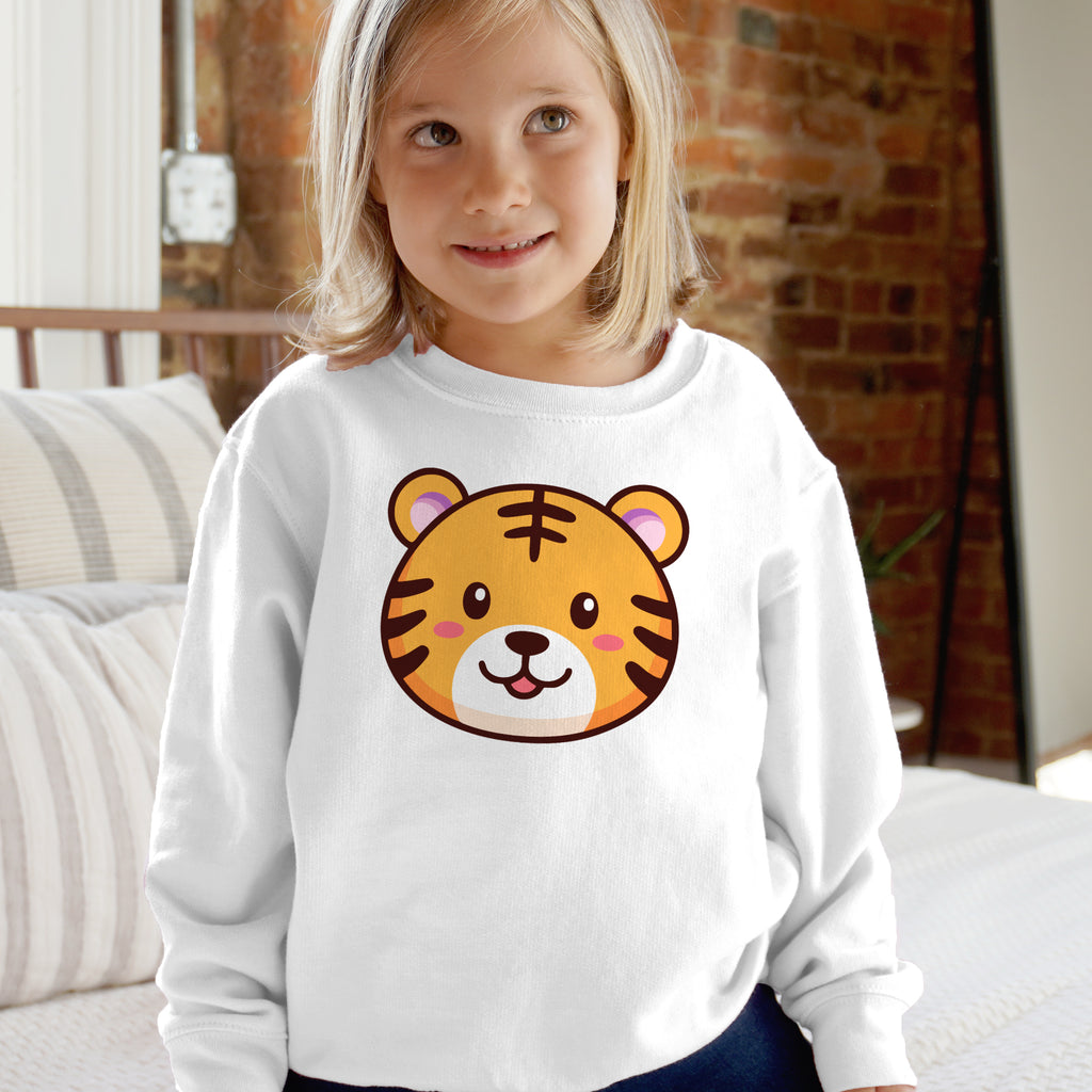 White long-sleeved kids sweatshirt with a cute orange tiger face soft fleece pullover for little animal lovers