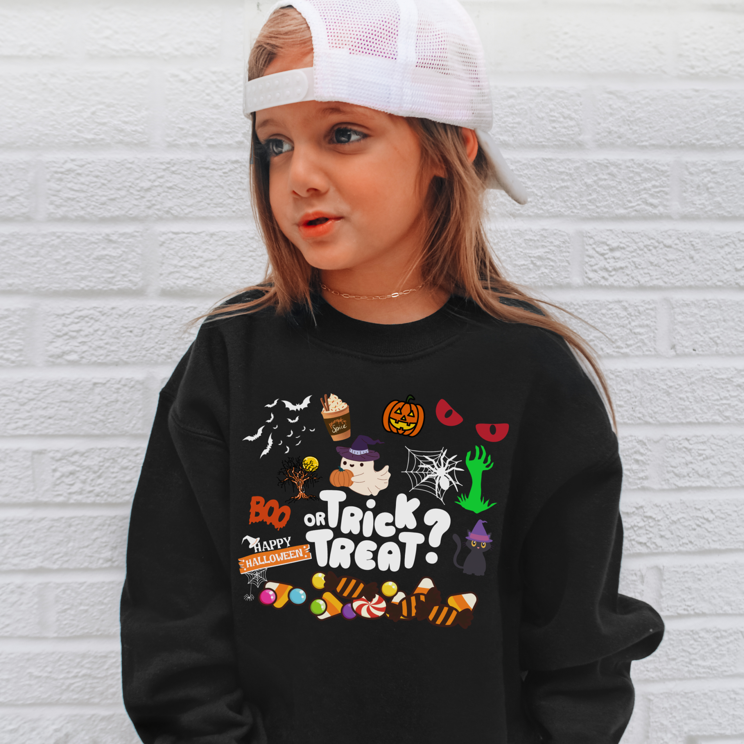 Black kids trick or treat halloween sweatshirt with colorful candy and spooky cartoon graphics for toddlers and youth