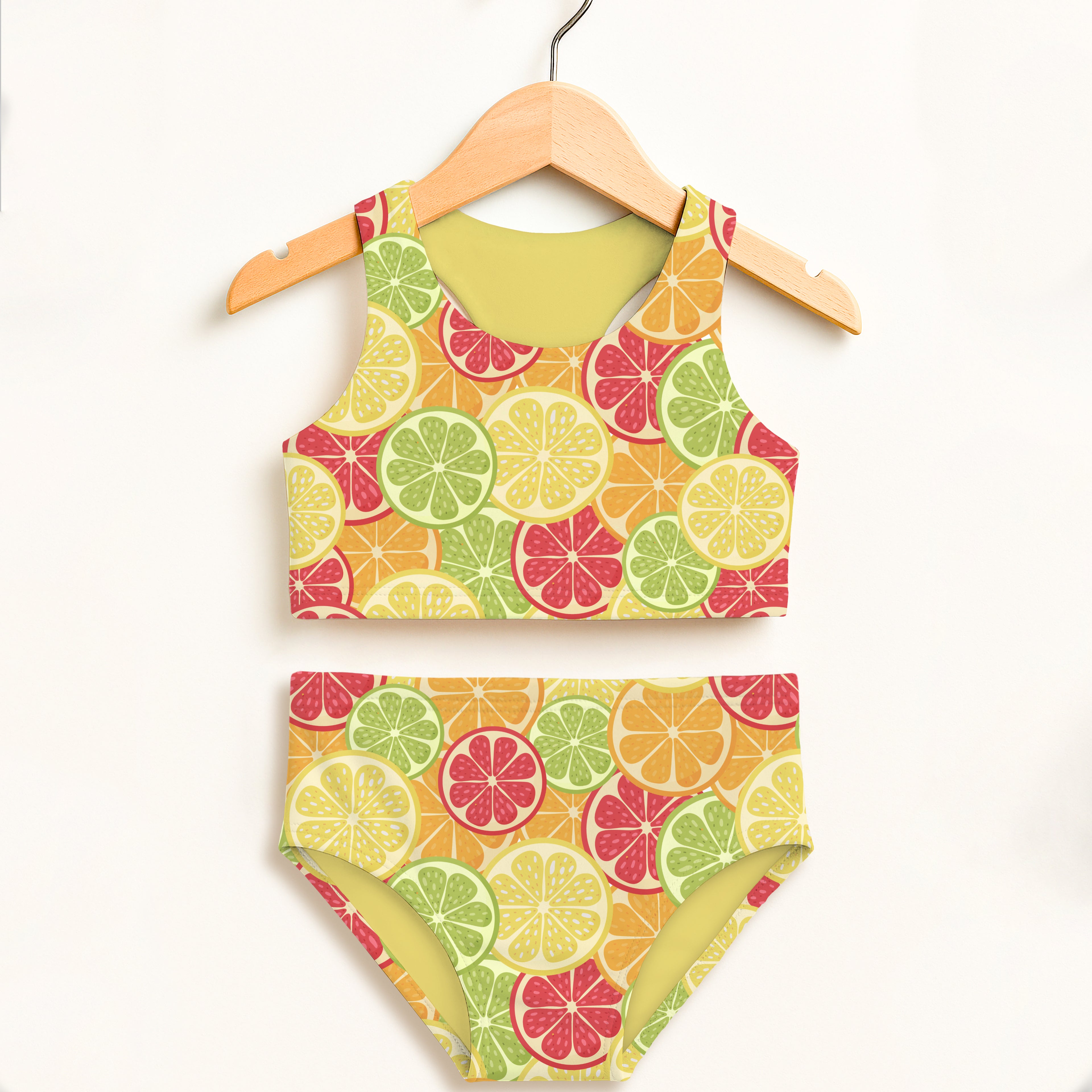 Girls citrus fruit two piece swimsuit with playful lemon lime grapefruit pattern on orange double layered upf 50+ fabric