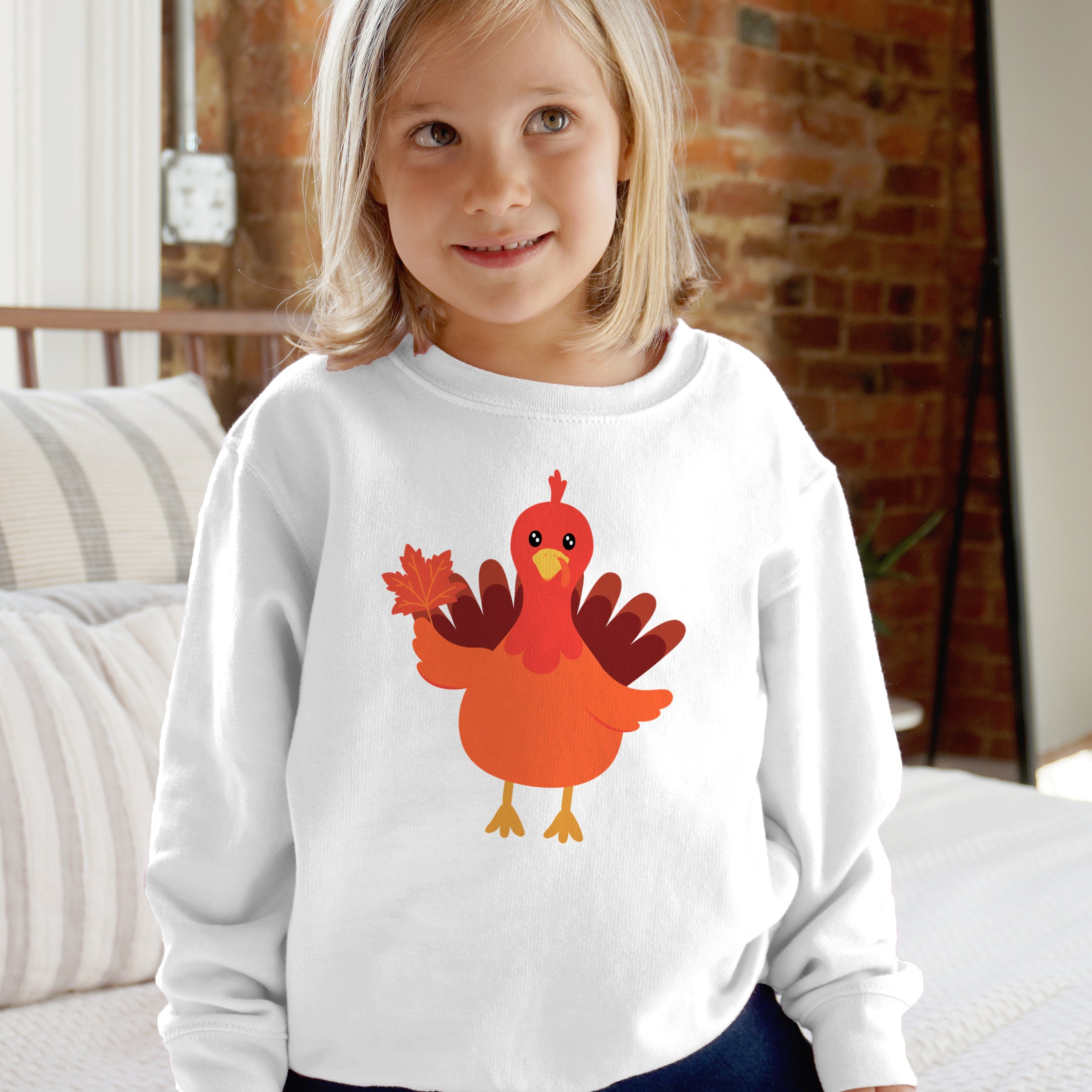 White long-sleeved kids sweatshirt with cartoon turkey holding a maple leaf for fall thanksgiving wear