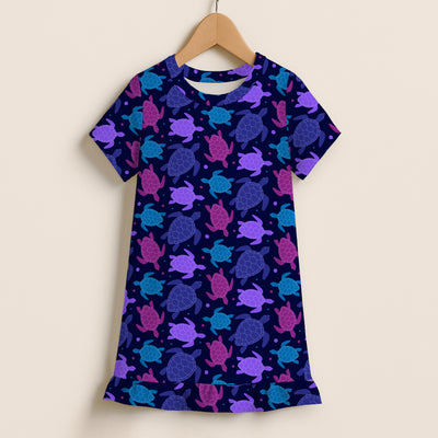 Girls purple short sleeve ruffle hem dress with navy blue fabric and vibrant purple pink teal sea turtle pattern