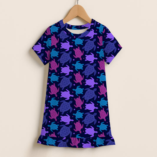 Girls Purple Turtle Short Sleeve Ruffle Hem Dress
