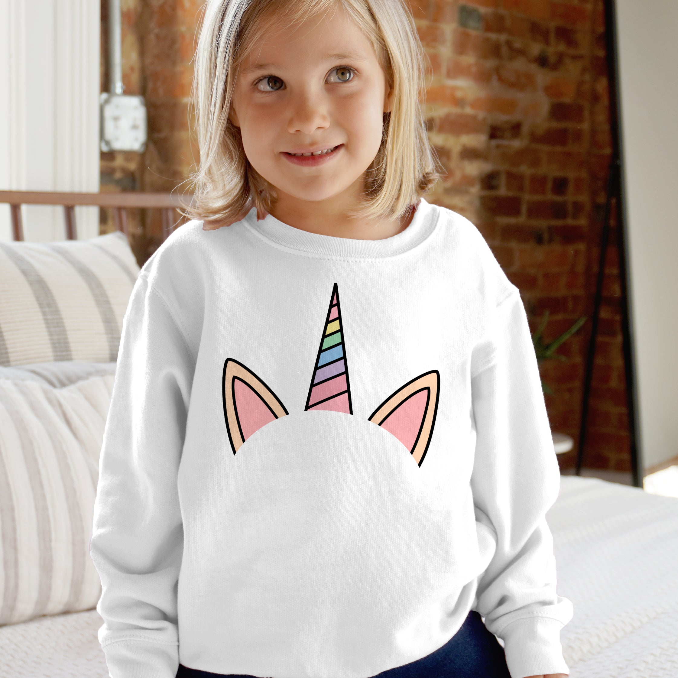 Girls minimalist white unicorn sweatshirt with rainbow horn and pink ears cute pullover for kids