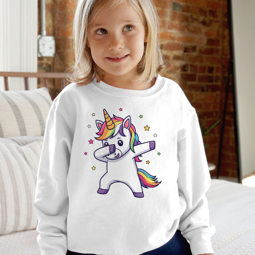 White long-sleeved sweatshirt with colorful cartoon dabbing unicorn and stars fun rainbow pullover for girls