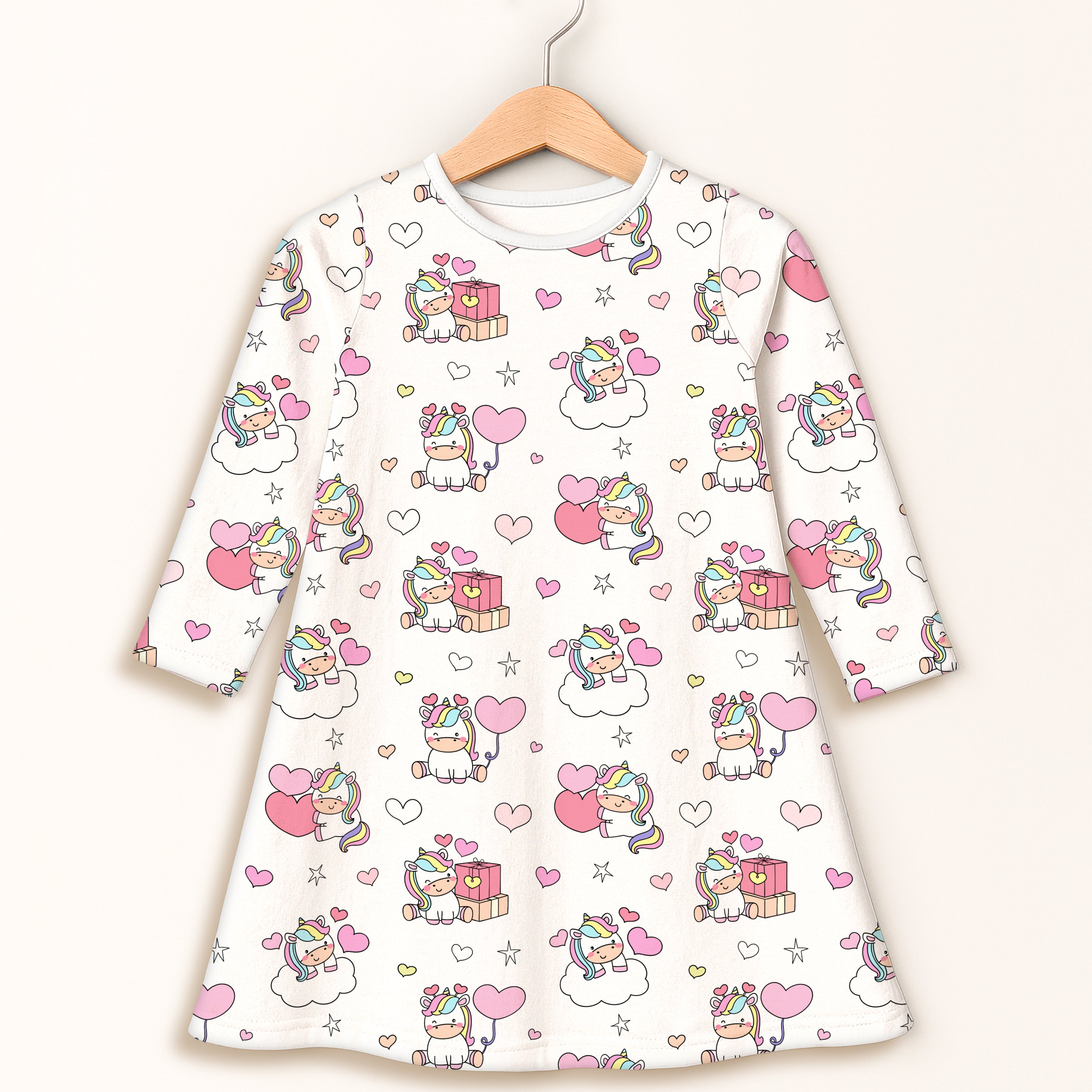 Girls unicorn birthday long sleeve dress in white with cartoon unicorns hearts and stars in pink and rainbow colors
