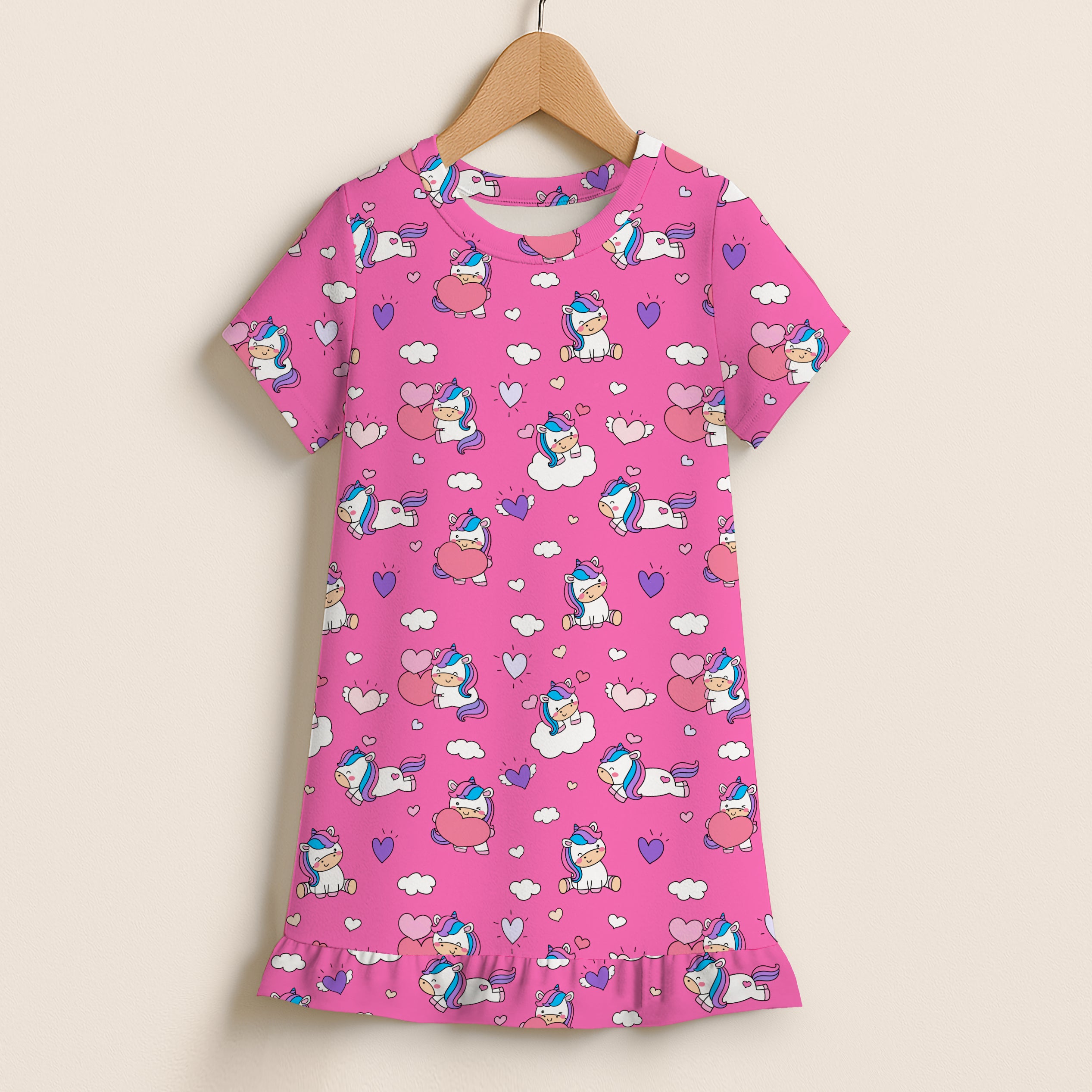 Girls Unicorn Hearts Short Sleeve Ruffle Hem Dress
