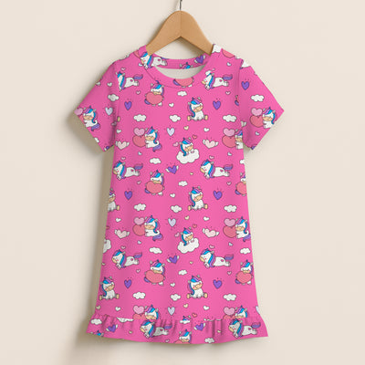 Girls unicorn hearts short sleeve ruffle hem pink nightgown with playful cartoon unicorns hearts and clouds pattern