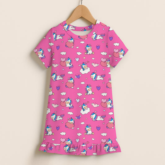 Girls Unicorn Hearts Short Sleeve Ruffle Hem Dress