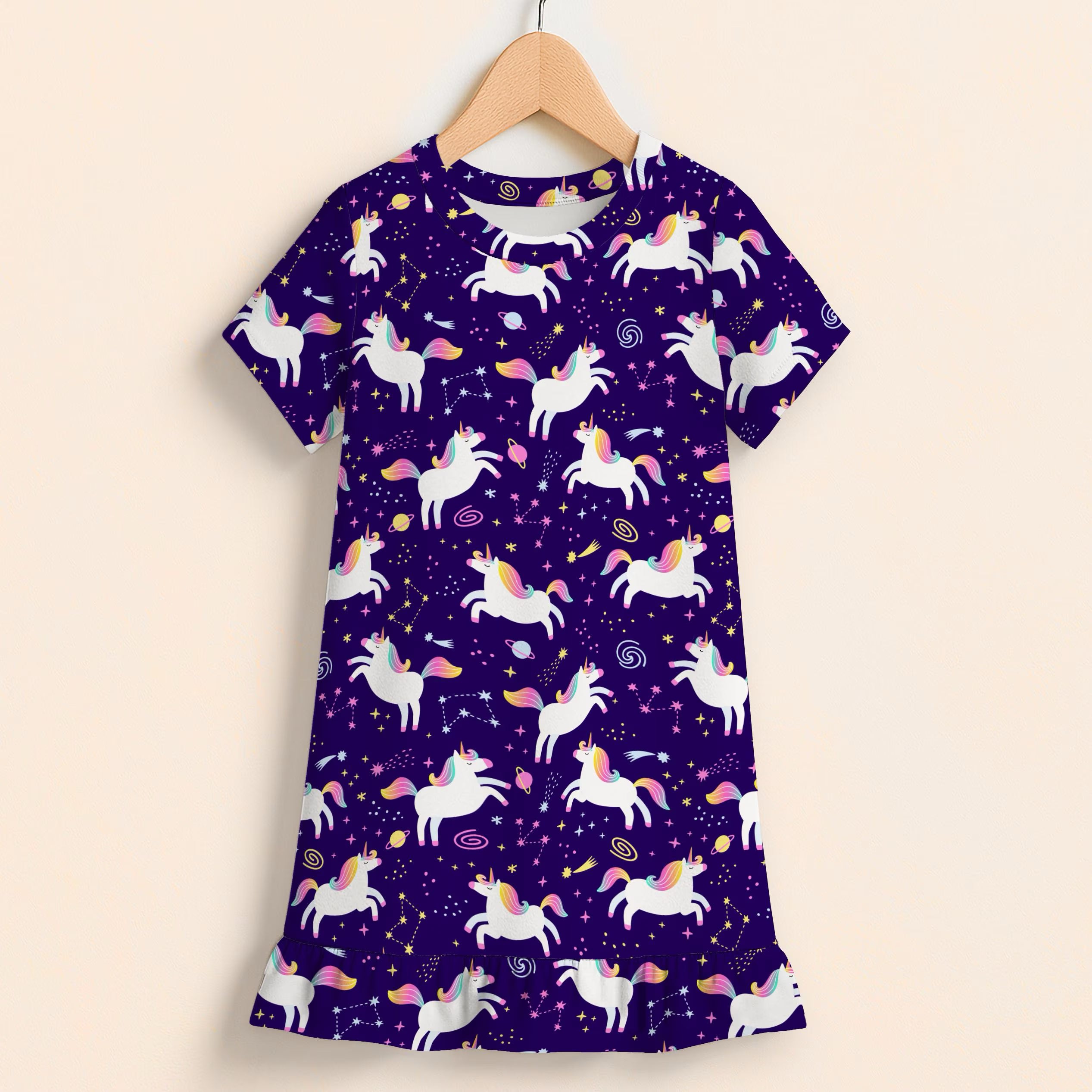 Girls Space Unicorn Short Sleeve Ruffle Hem Dress