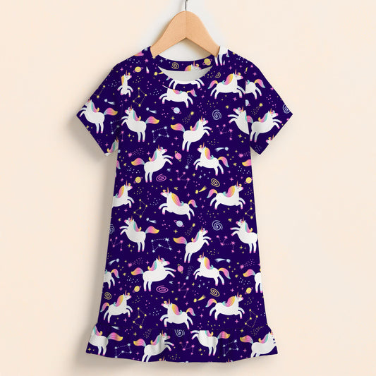 Girls Space Unicorns Short Sleeve Ruffle Hem Dress