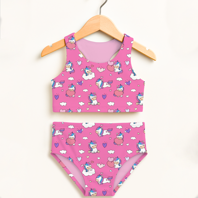 Girls unicorn hearts two piece swimsuit in vibrant pink with cartoon unicorns hearts clouds and double layered upf 50+ material