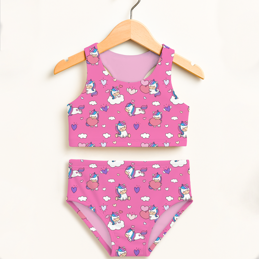 Girls Unicorn Hearts Two Piece Swimsuit – Double Layered UPF 50+ High Waisted Comfort