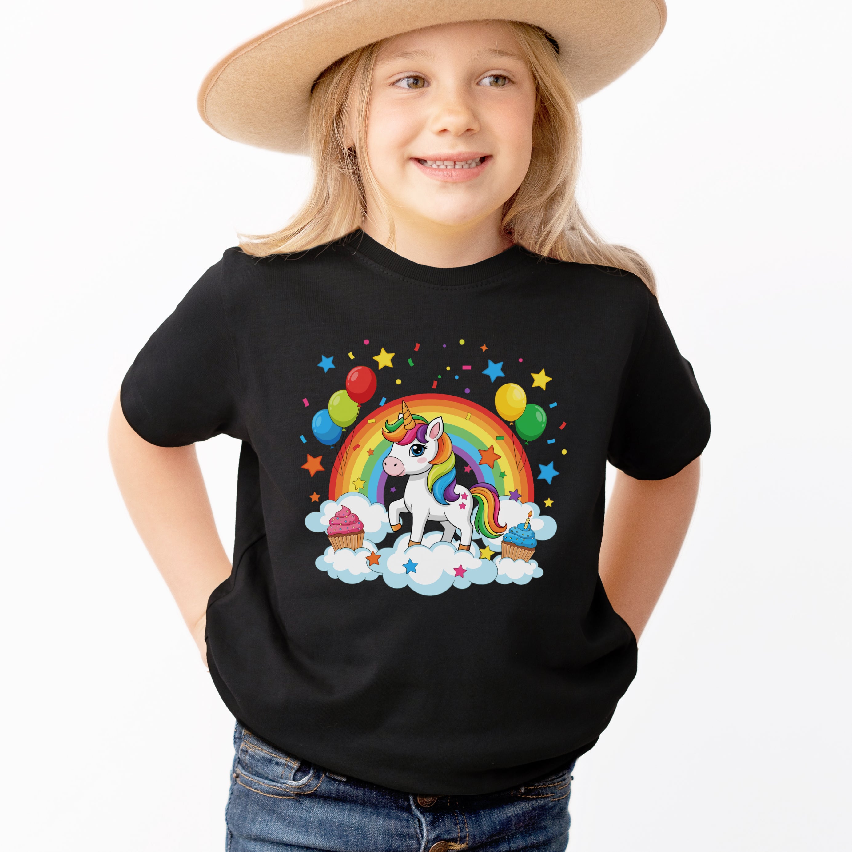 Girls Party Unicorn Rainbow T-Shirt - Soft Lightweight Cotton Tee