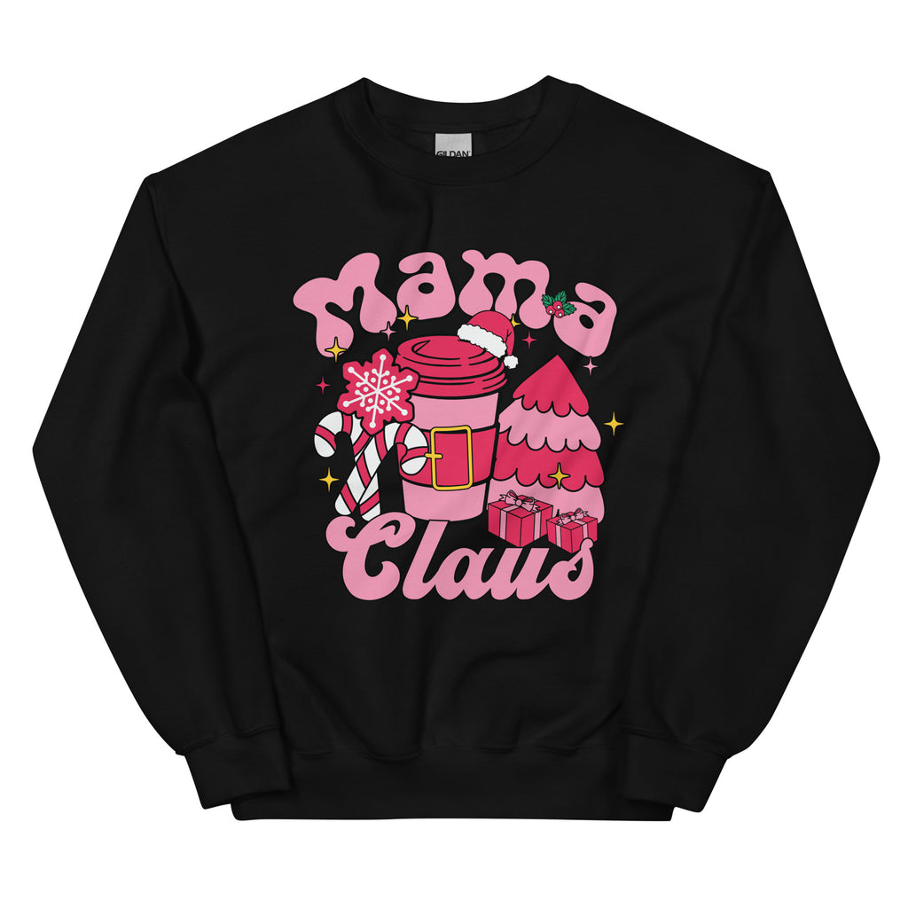 Black sweatshirt with 'Mama Claus' design featuring a pink coffee cup and festive elements on a white background.