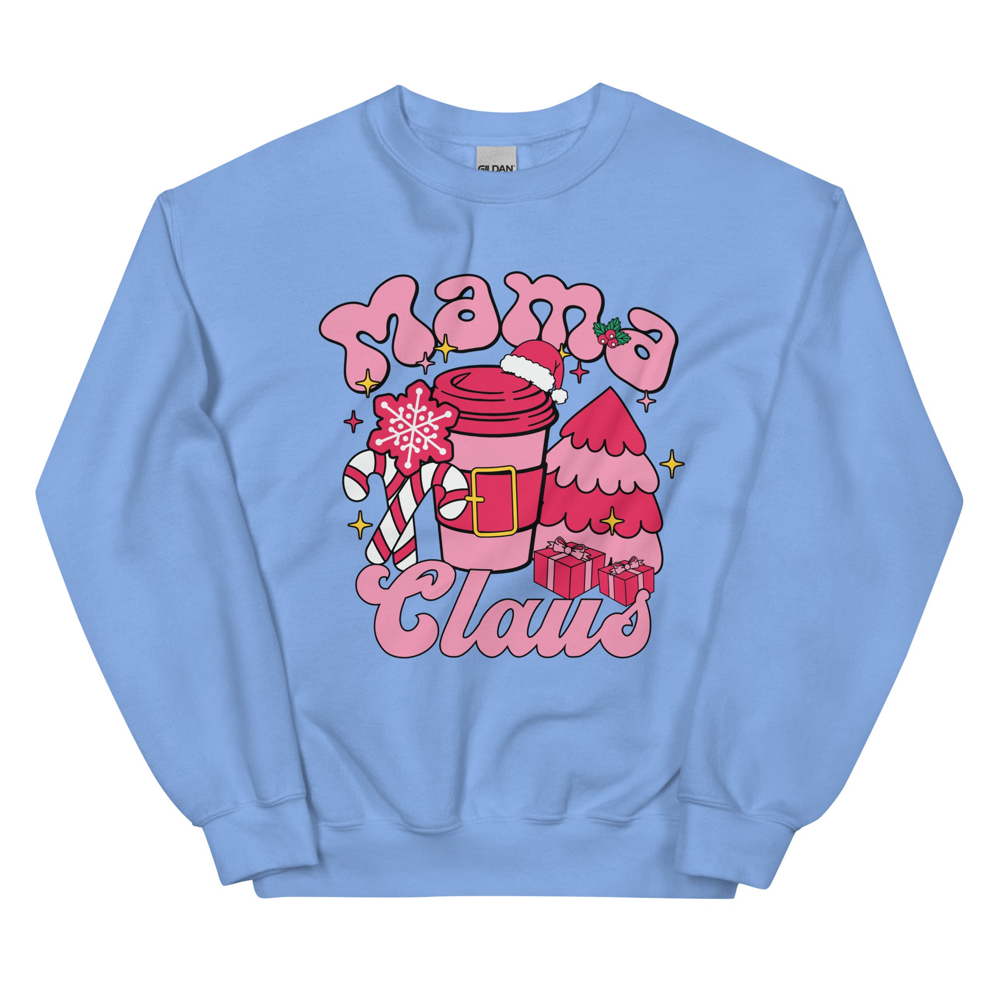 Light blue sweatshirt with 'Mama Claus' design featuring a pink coffee cup and festive elements on a white background.