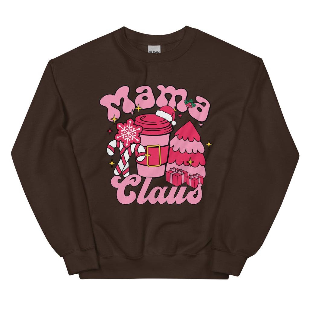 Brown sweatshirt with 'Mama Claus' graphic design on a white background