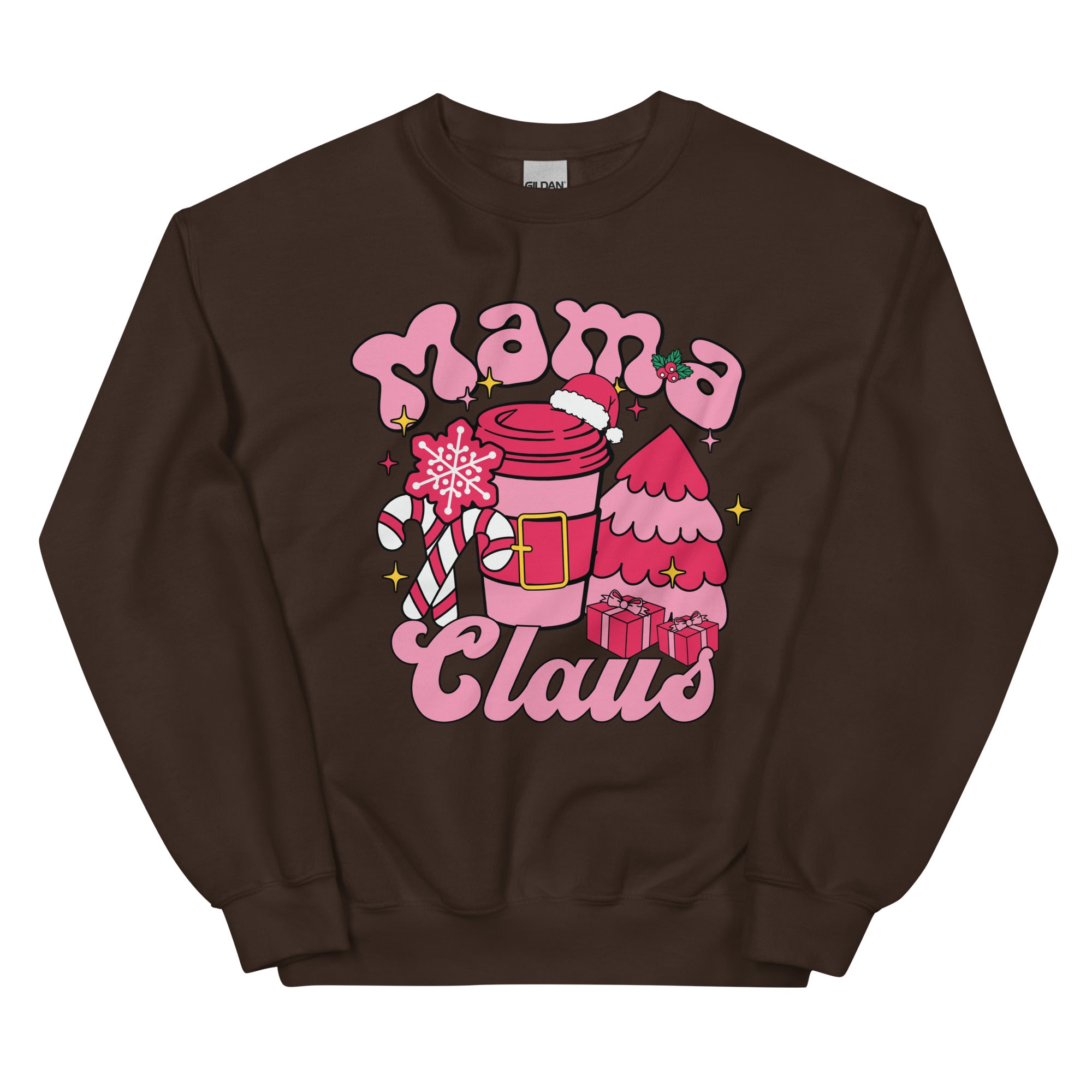 Brown sweatshirt with 'Mama Claus' graphic design on a white background
