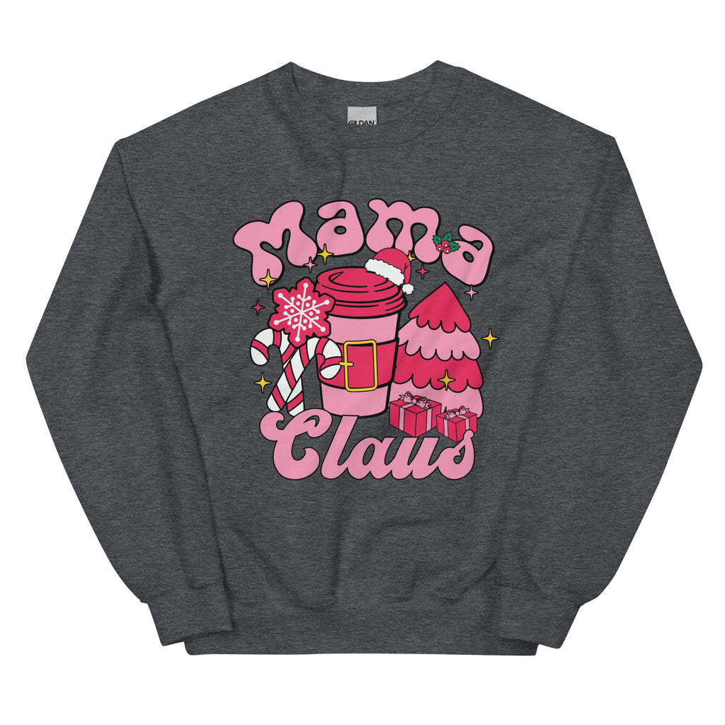 Dark gray sweatshirt with 'Mama Claus' graphic design featuring a pink coffee cup and festive elements on a white background.