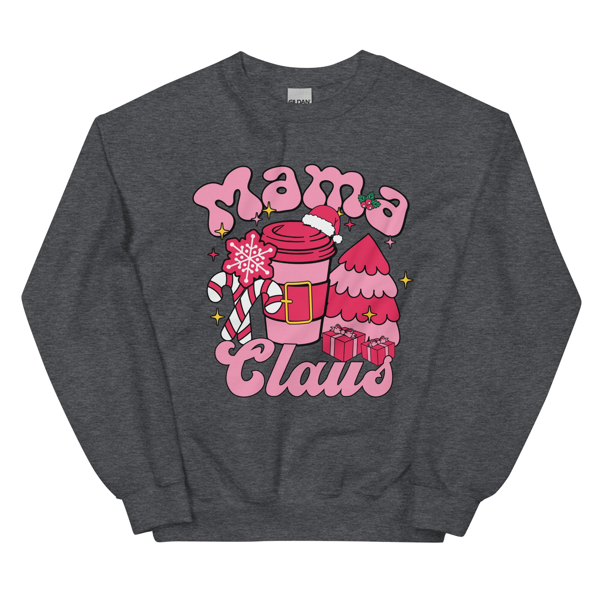 Dark gray sweatshirt with 'Mama Claus' graphic design featuring a pink coffee cup and festive elements on a white background.