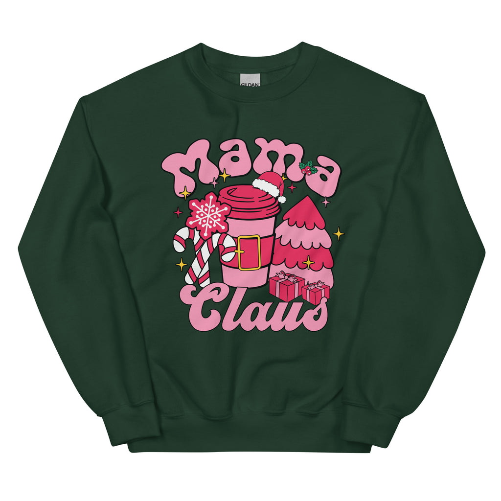 Dark green sweatshirt with 'Mama Claus' graphic design on a white background