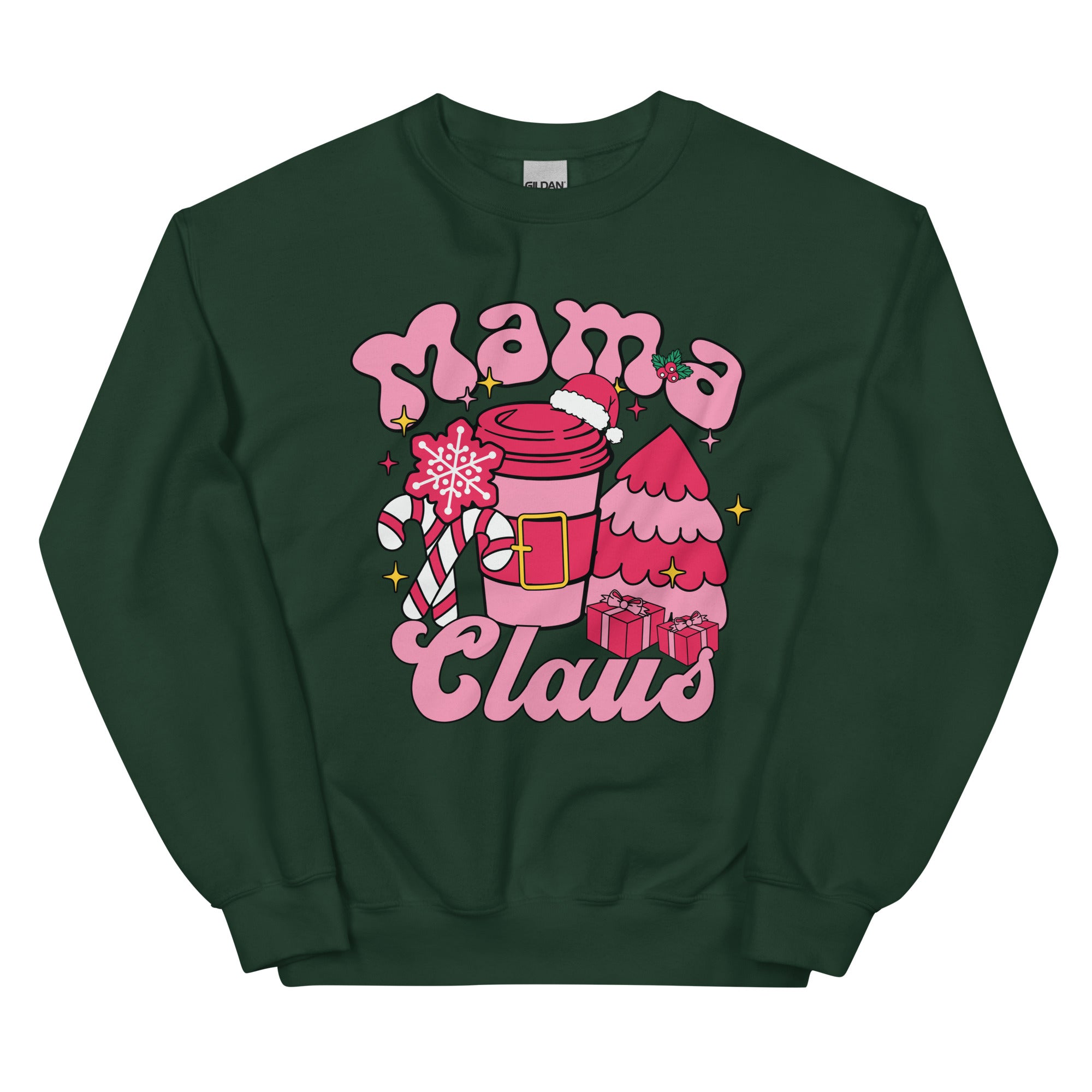 Dark green sweatshirt with 'Mama Claus' graphic design on a white background