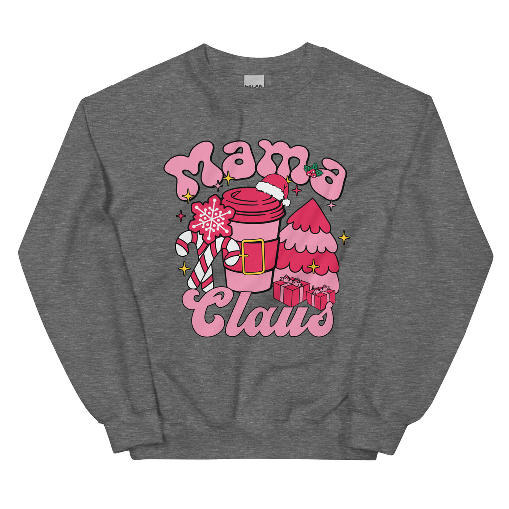 Gray sweatshirt with Christmas-themed graphic and 'Mama Claus' text on a white background