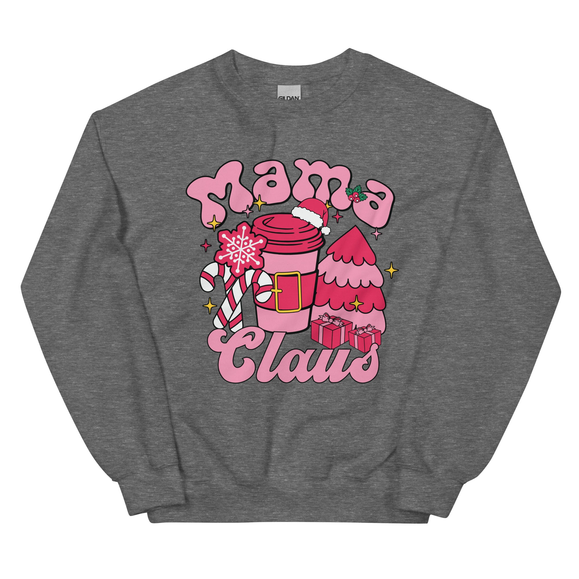 Gray sweatshirt with Christmas-themed graphic and 'Mama Claus' text on a white background