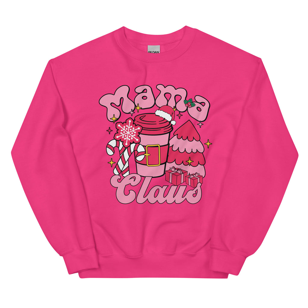 Pink sweatshirt with 'Mama Claus' design featuring a cup, candy cane, and christmas tree on a white background.
