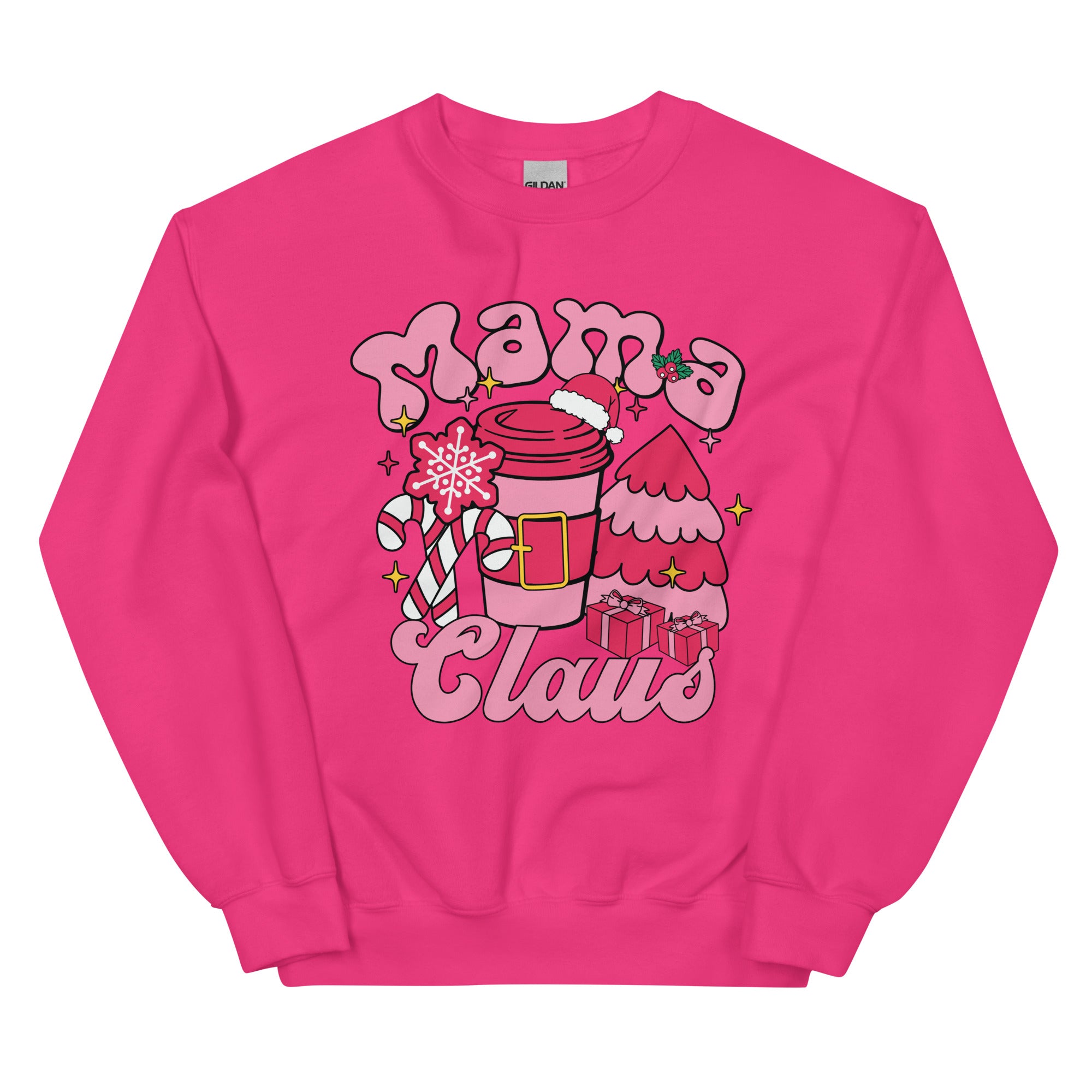 Pink sweatshirt with 'Mama Claus' design featuring a cup, candy cane, and christmas tree on a white background.
