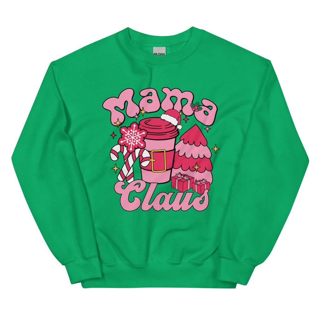 Green sweatshirt with 'Mama Claus' design featuring a pink coffee cup and candy cane on a white background