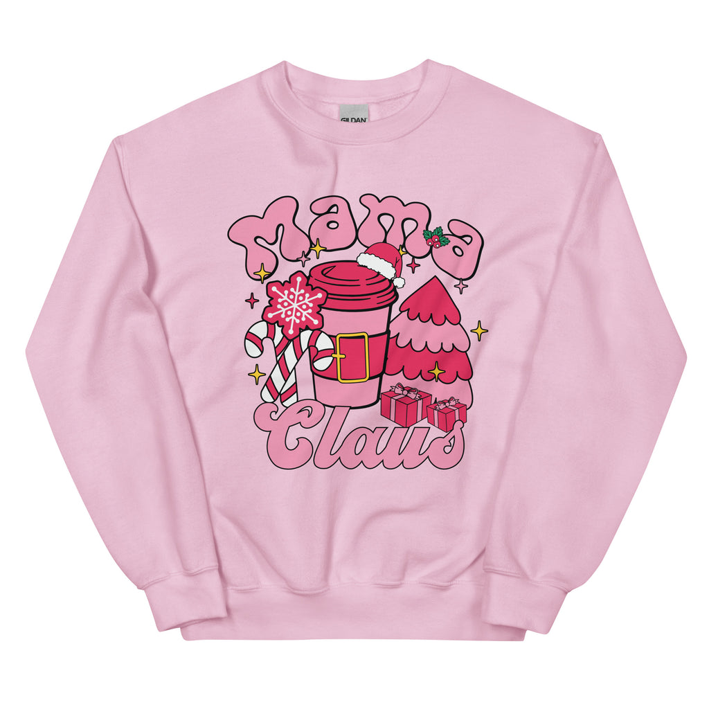 Pink sweatshirt with 'Mama Claus' design featuring a cup, candy cane, and tree on a white background.