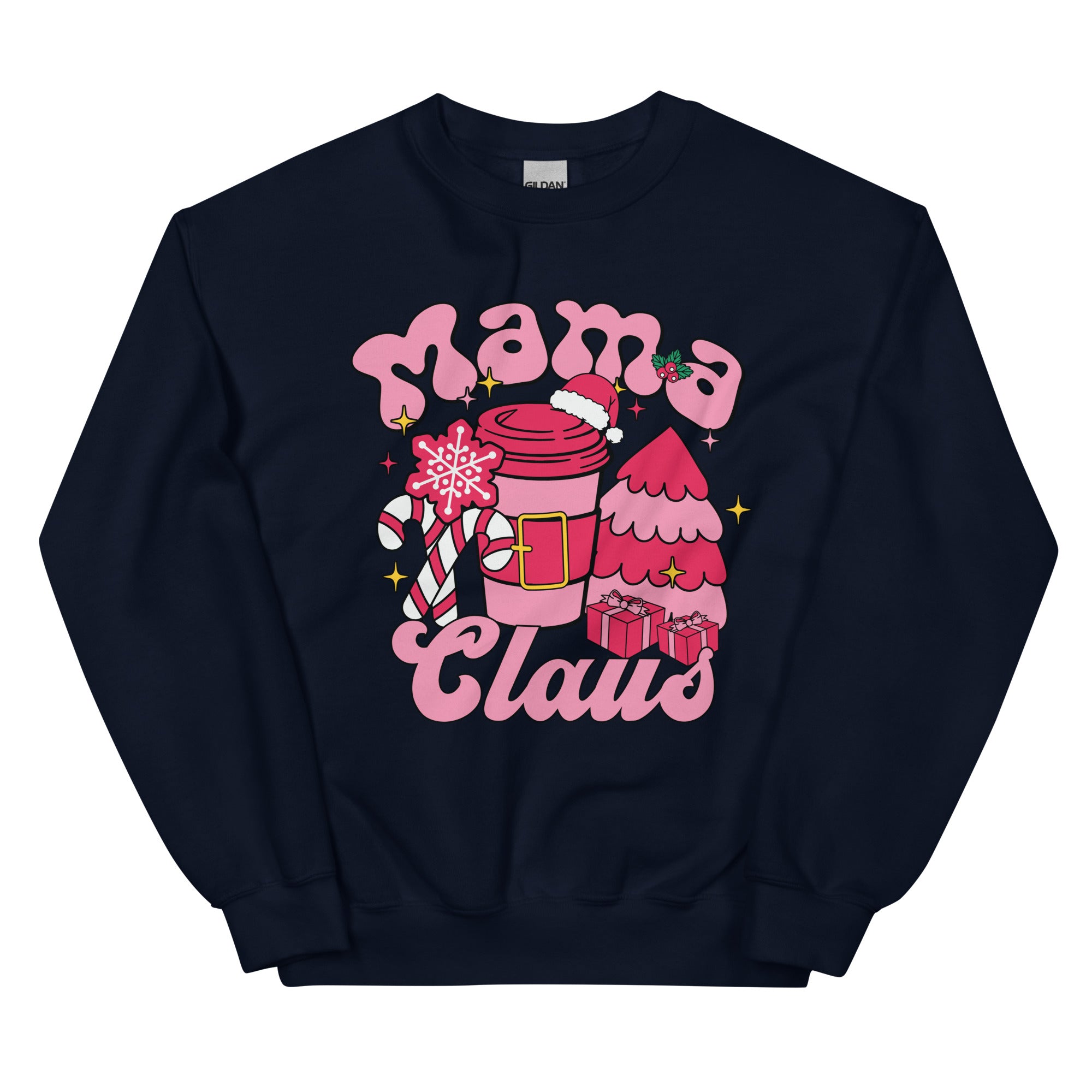 dark blue sweatshirt with 'Mama Claus' design featuring a pink coffee cup and candy canes on a white background.