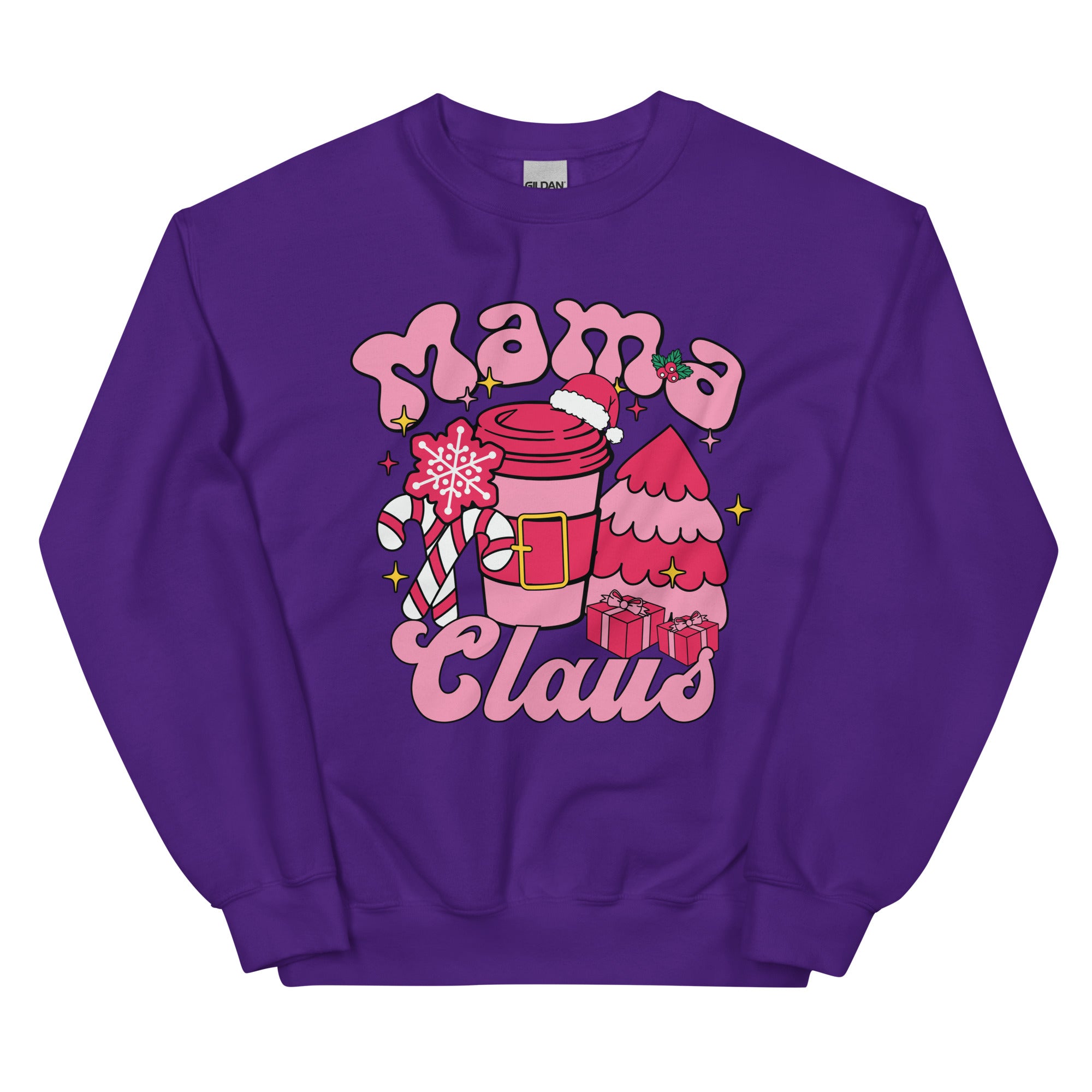 Purple sweatshirt with 'Mama Claus' design featuring a coffee cup and candy canes on a white background