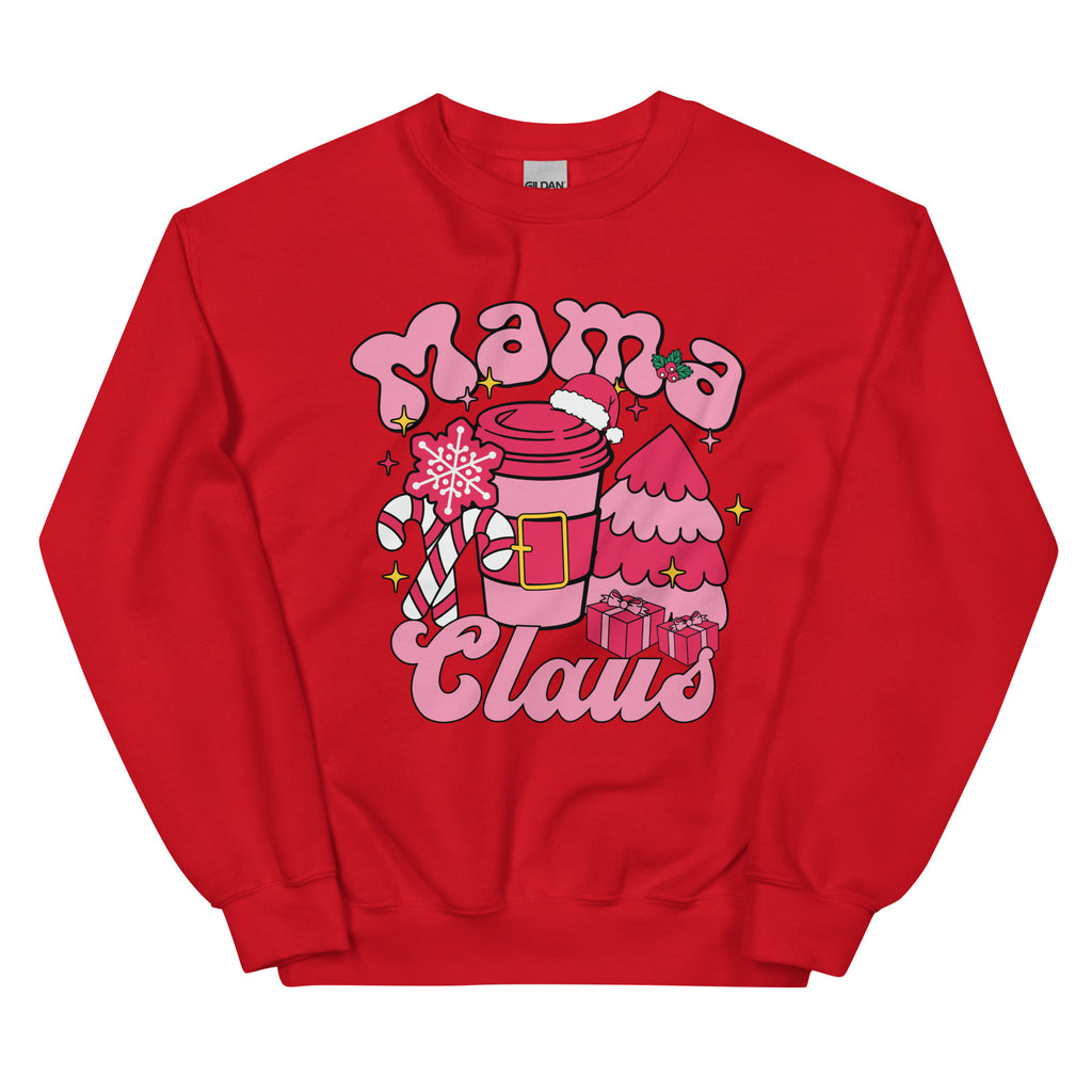 Red sweatshirt with 'Mama Claus' design featuring a pink coffee cup and Christmas elements on a white background.