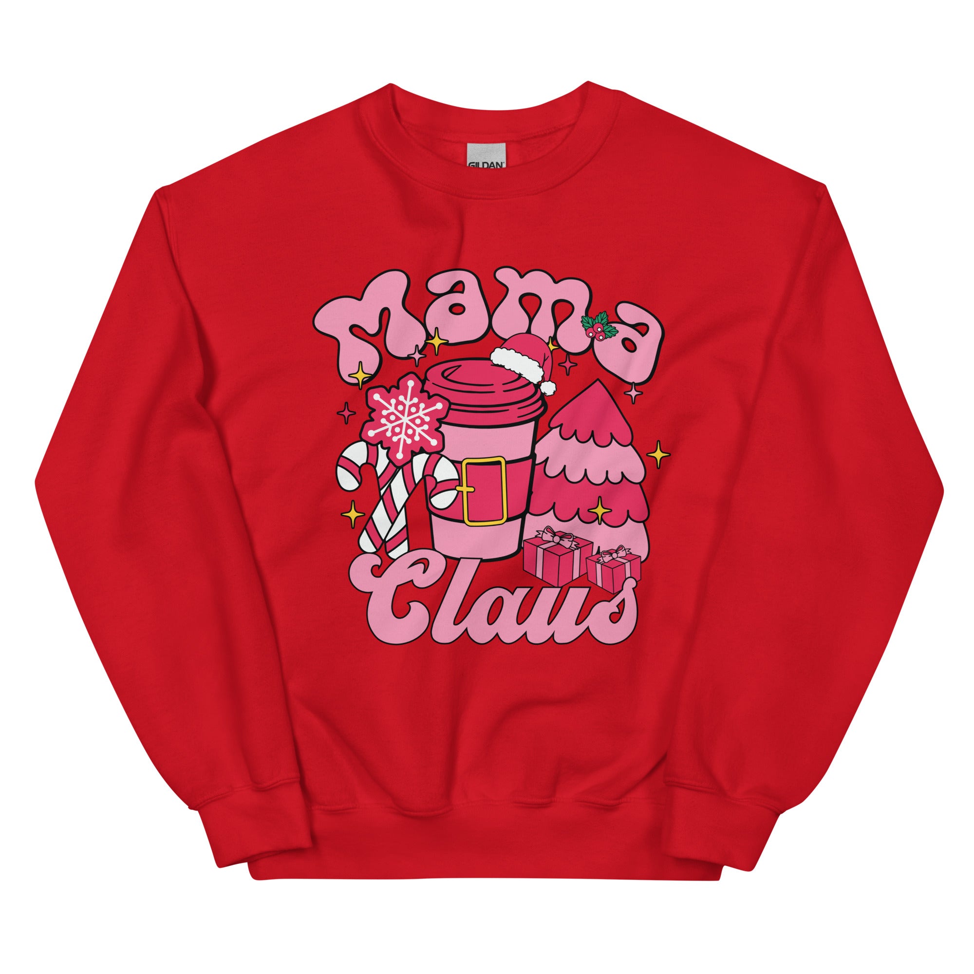 Red sweatshirt with 'Mama Claus' design featuring a pink coffee cup and Christmas elements on a white background.