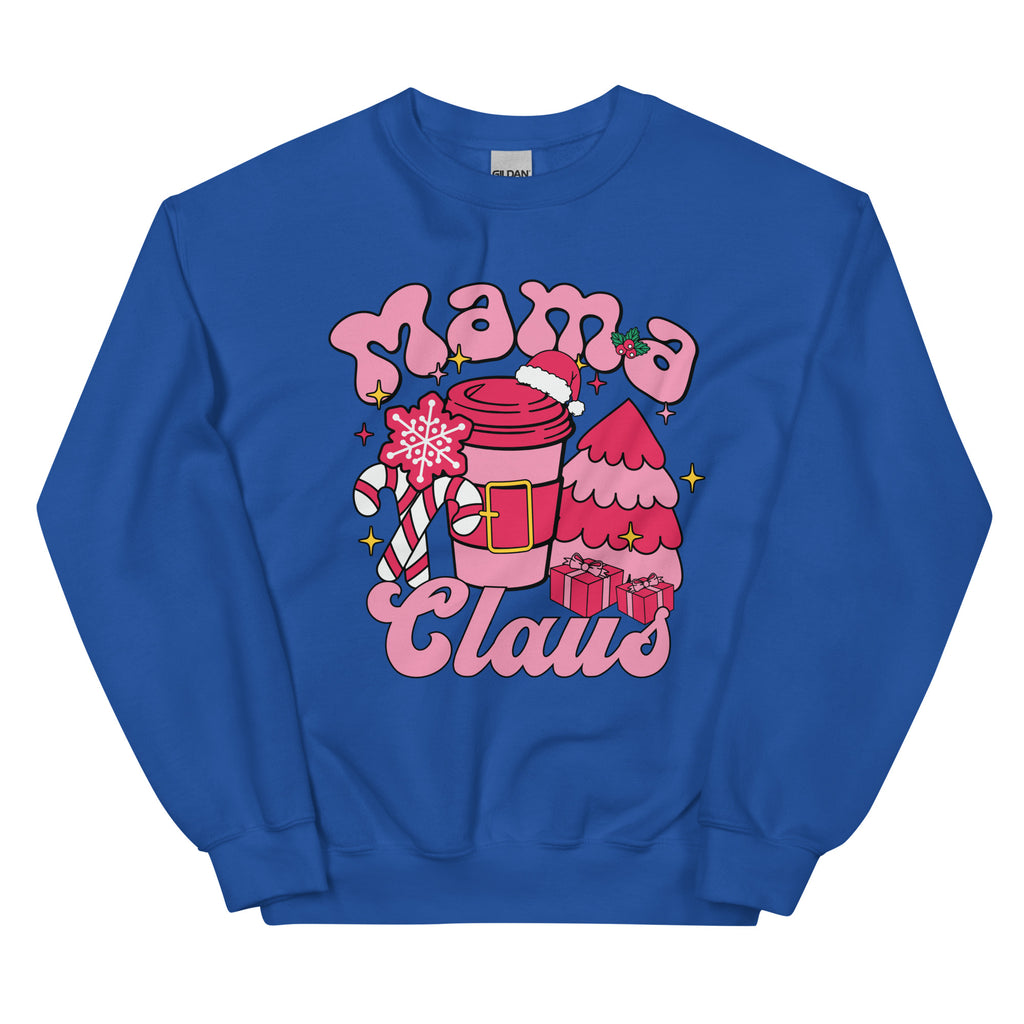 Blue sweatshirt with 'Mama Claus' graphic design on a white background