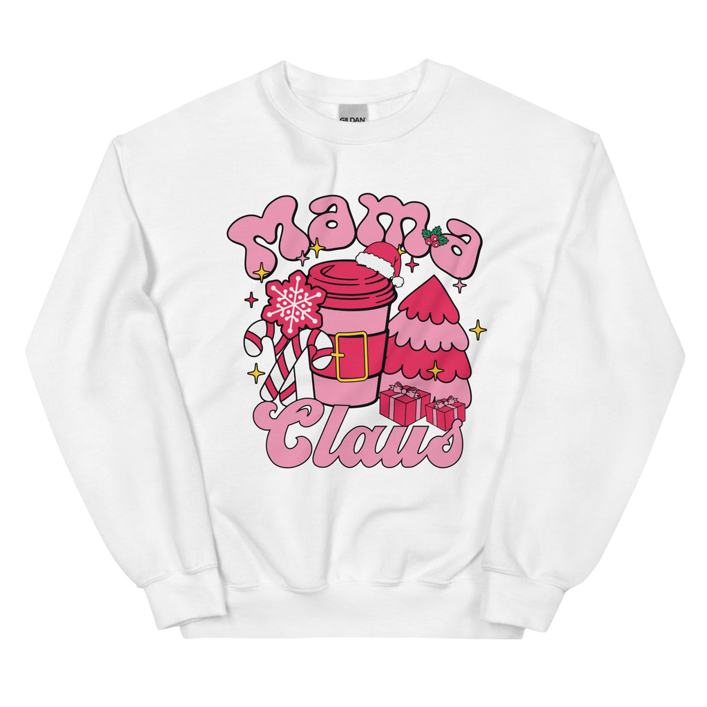 White sweatshirt with 'Mama Claus' graphic design on a white background