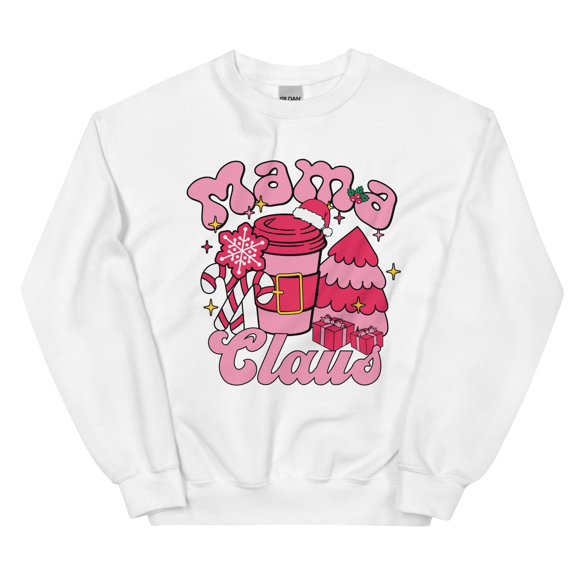 White sweatshirt with 'Mama Claus' graphic design on a white background