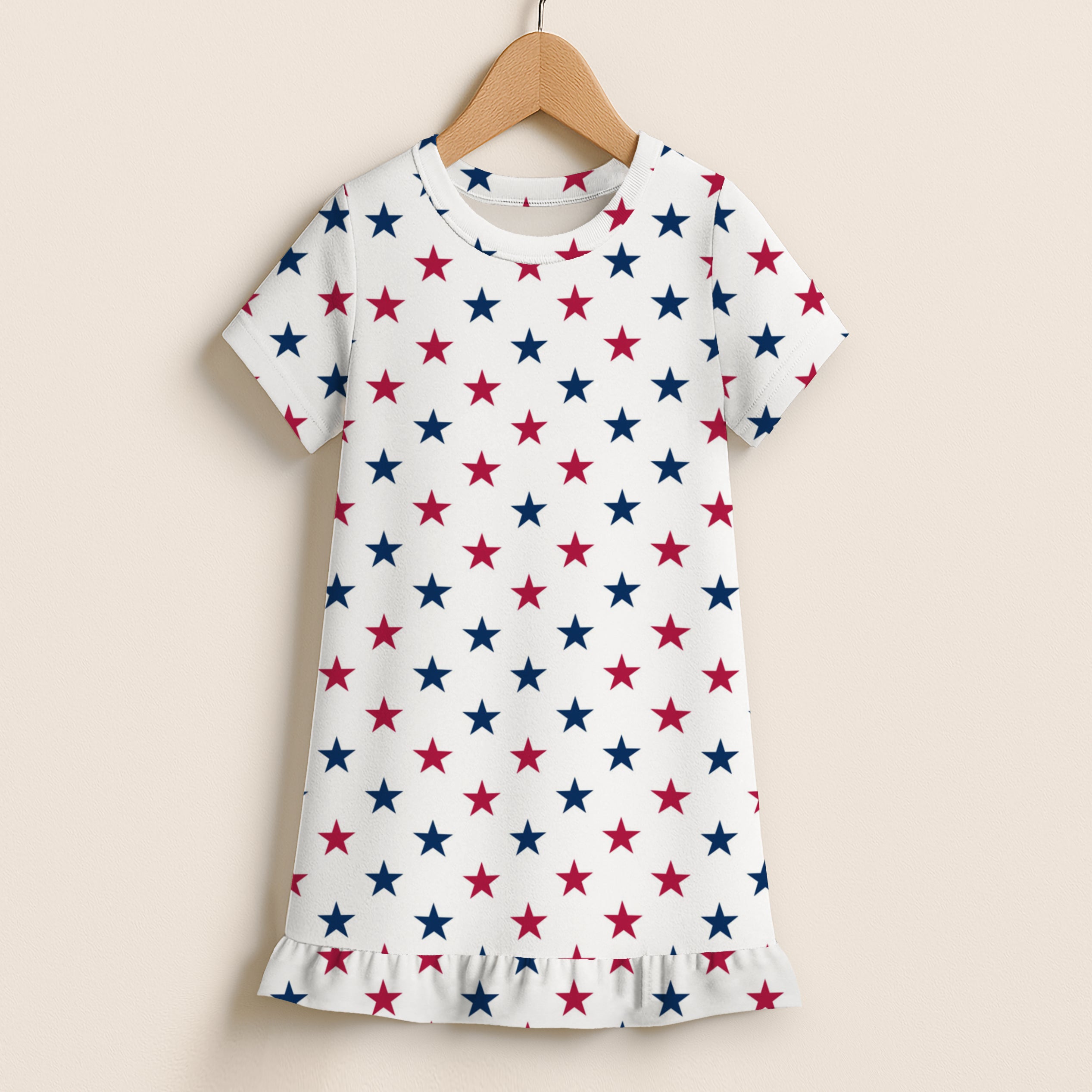 Girls Red, White & Blue Stars USA Short Sleeve Ruffle Hem Dress