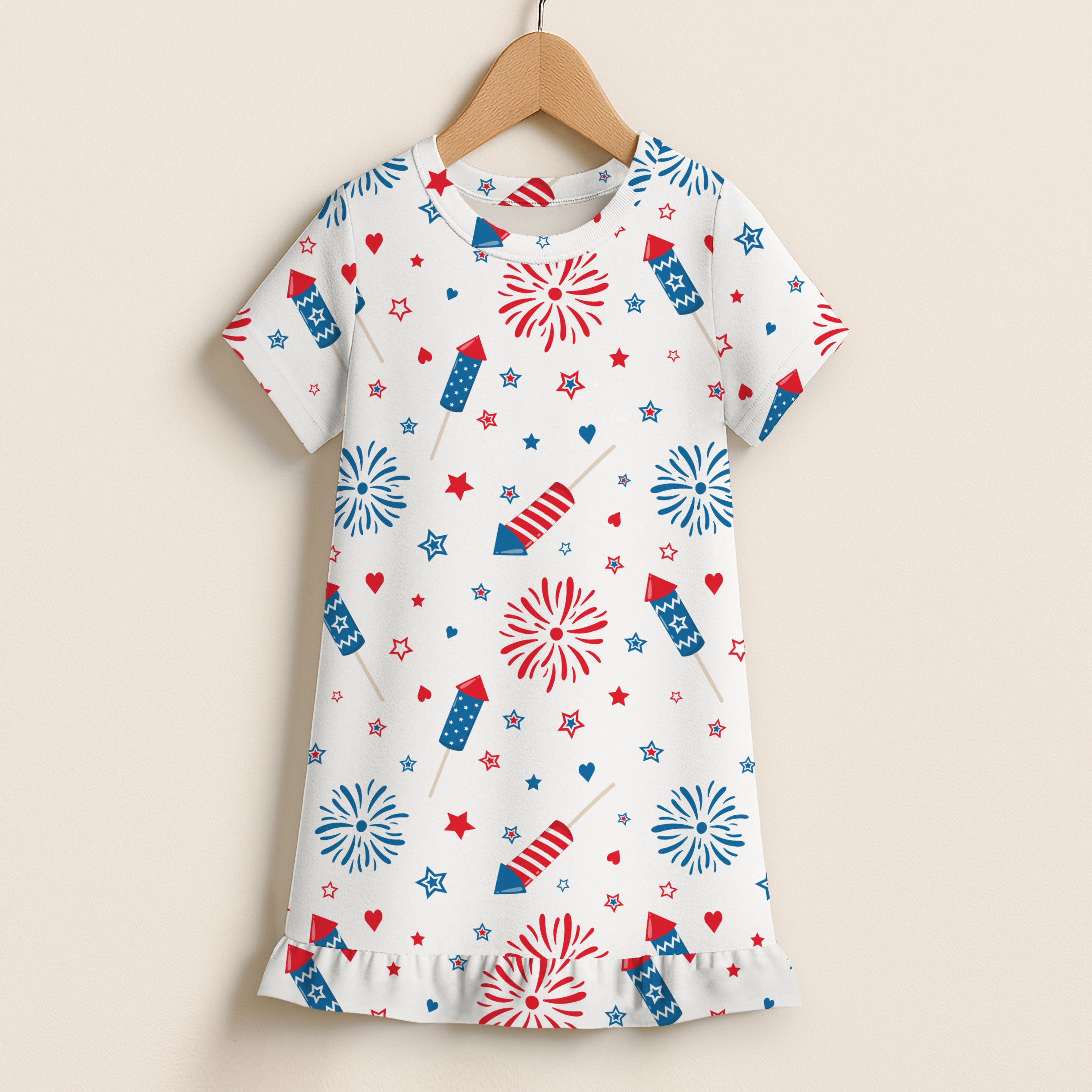 Girls fireworks and stars usa short sleeve dress in white with red blue fireworks pattern and ruffled hem