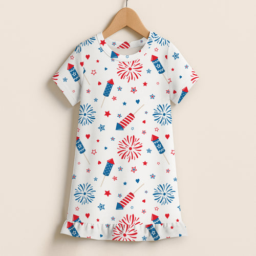 Girls fireworks and stars usa short sleeve dress in white with red blue fireworks pattern and ruffled hem