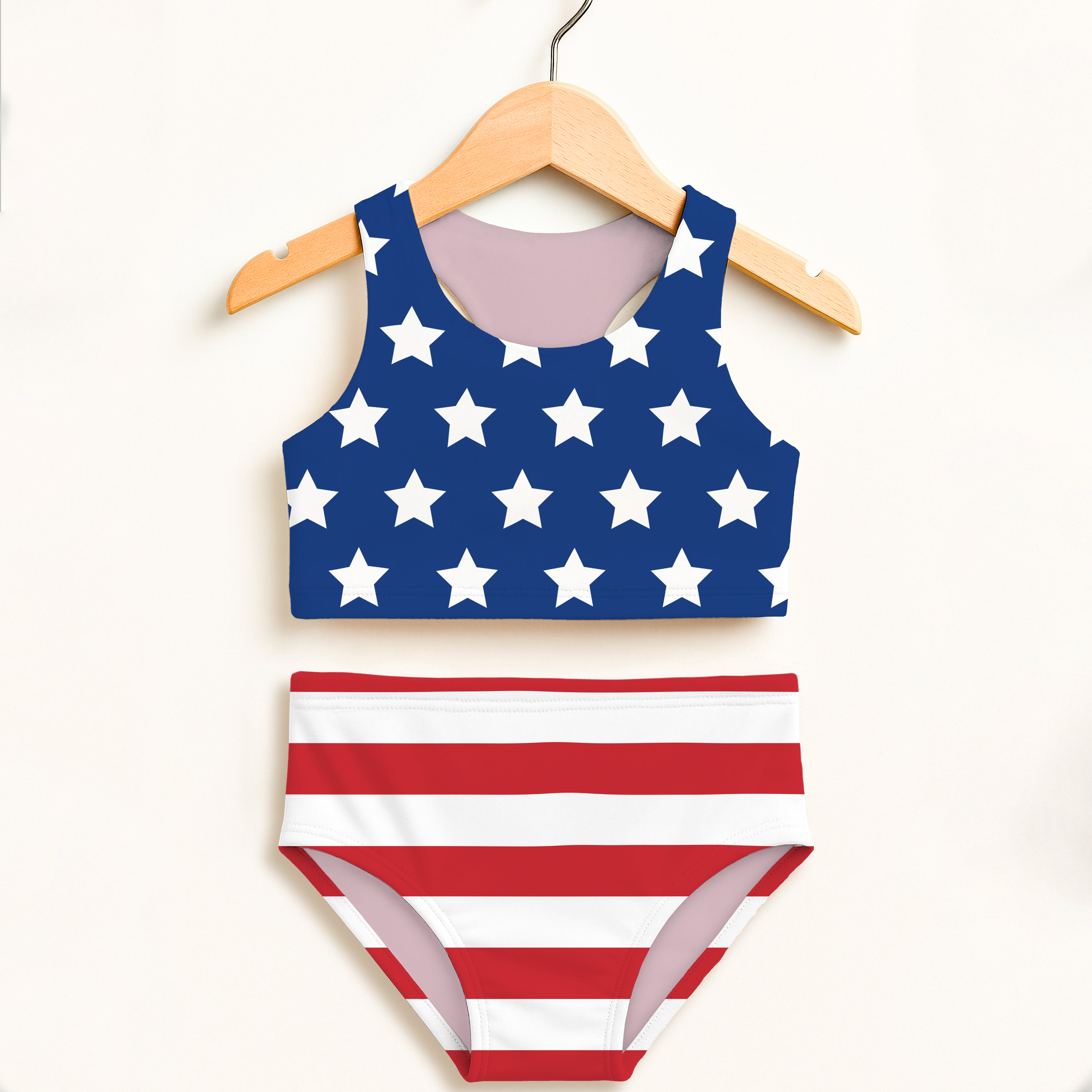 Girls usa flag two piece swimsuit with blue and white star tank top and red white striped high waisted bikini bottoms